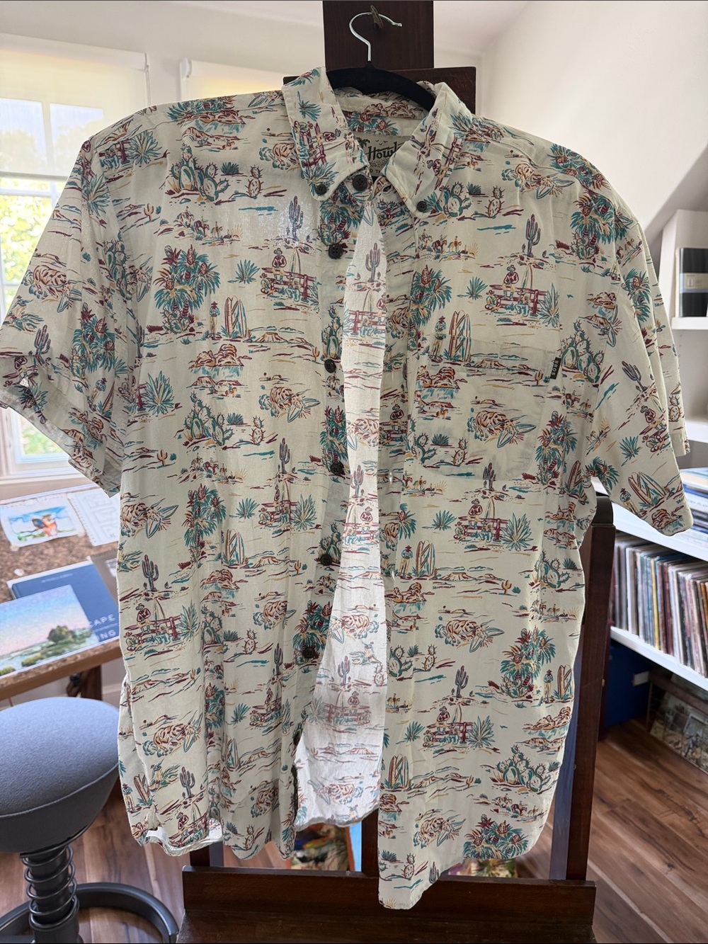 Howler Brothers Cream Short-Sleeve Button-Down with Teal & Brown Desert Scene